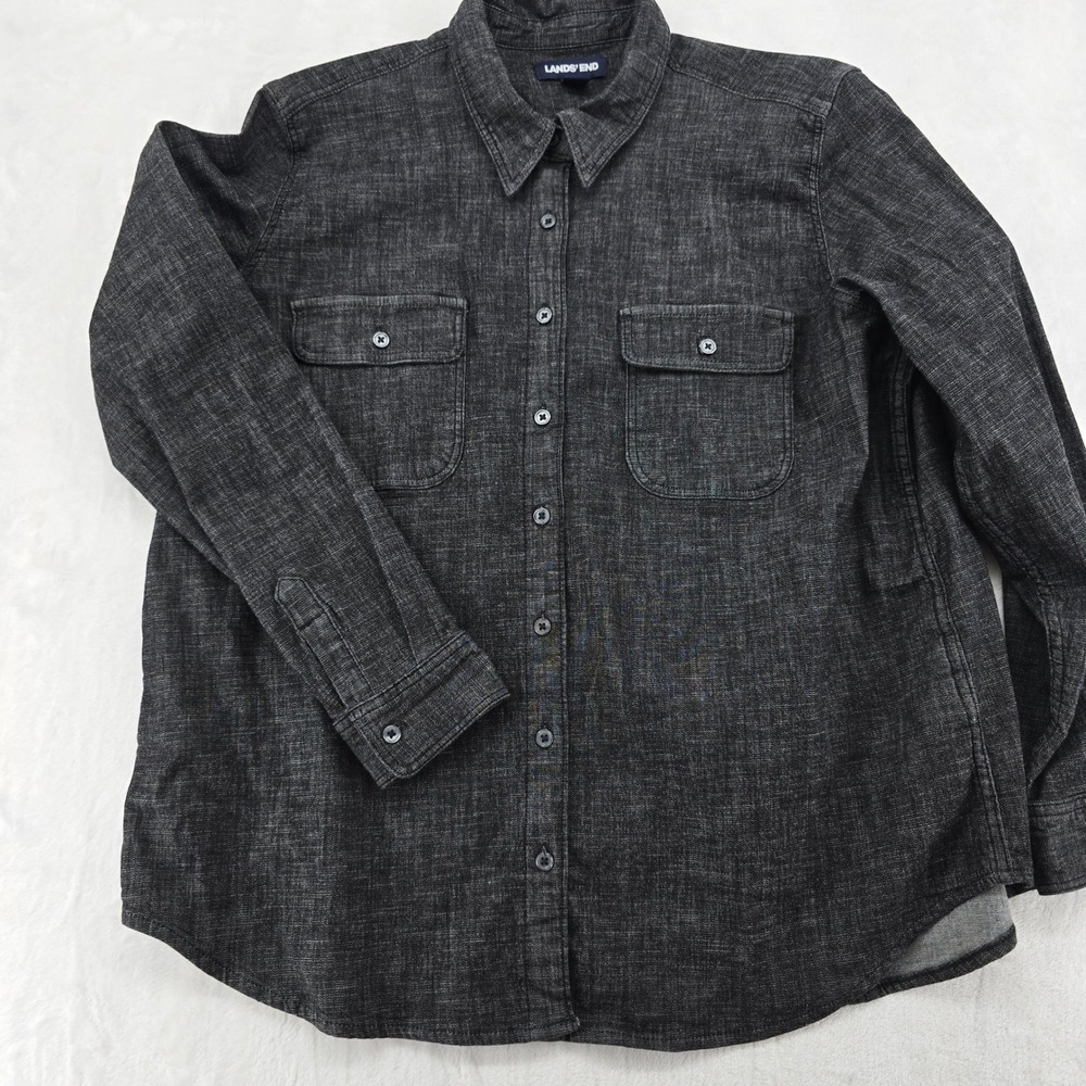 Lands' End Button Down Womens XL/P 18 Shirt Black Cotton Stretch Long Sleeve‎
